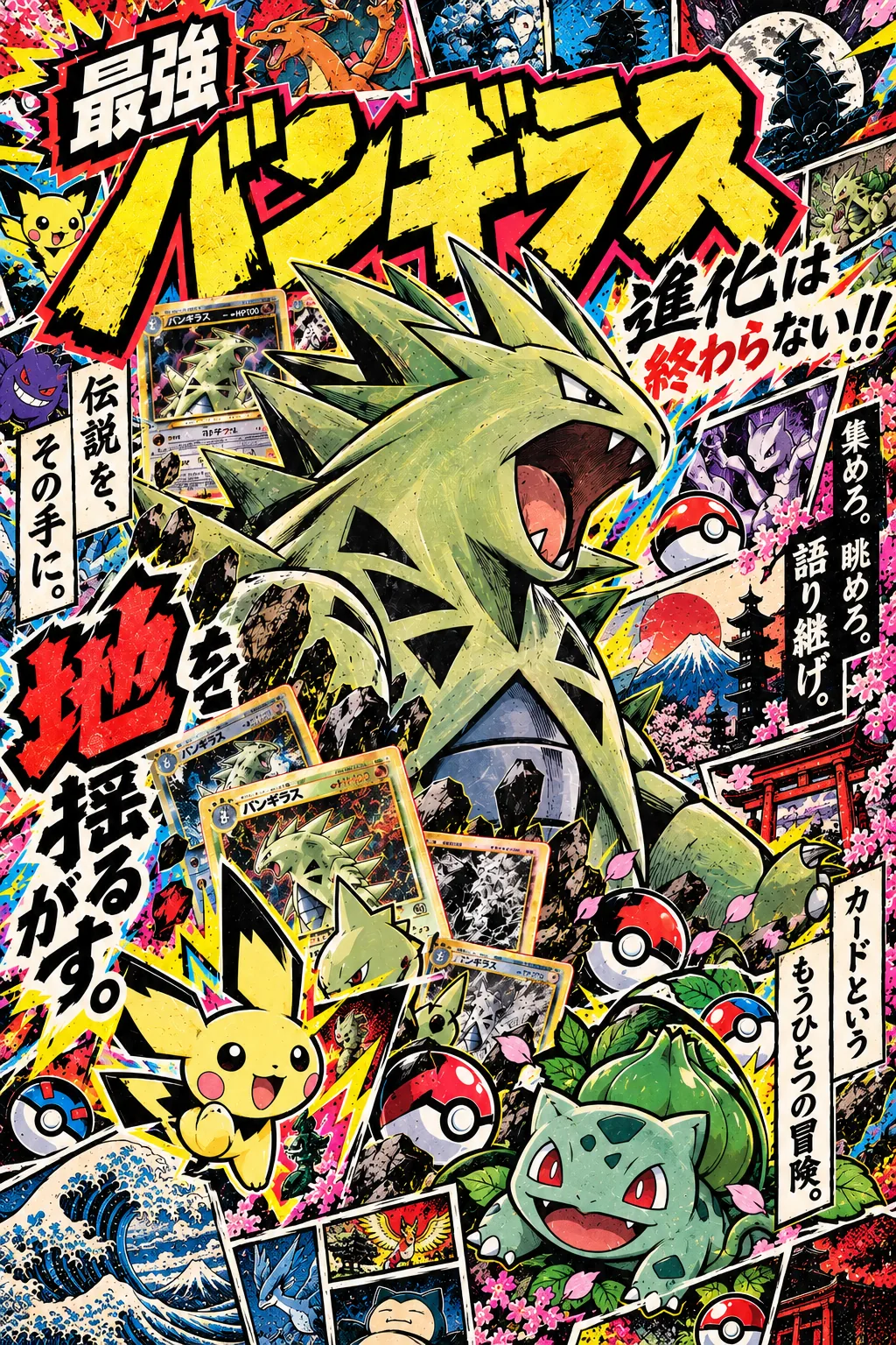 Japanese manga-style Pokémon collage centered on Tyranitar