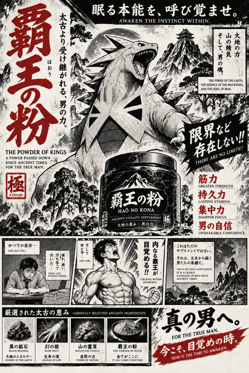 A fictional male enhancement powder advertisement in vintage Japanese manga style. Tyranitar roars above a jar of 覇王の粉, The Powder of Kings, in black ink and deep red. Below are before-and-after manga panels and four ancient ingredients. The final red banner reads: Now is the time to awaken.