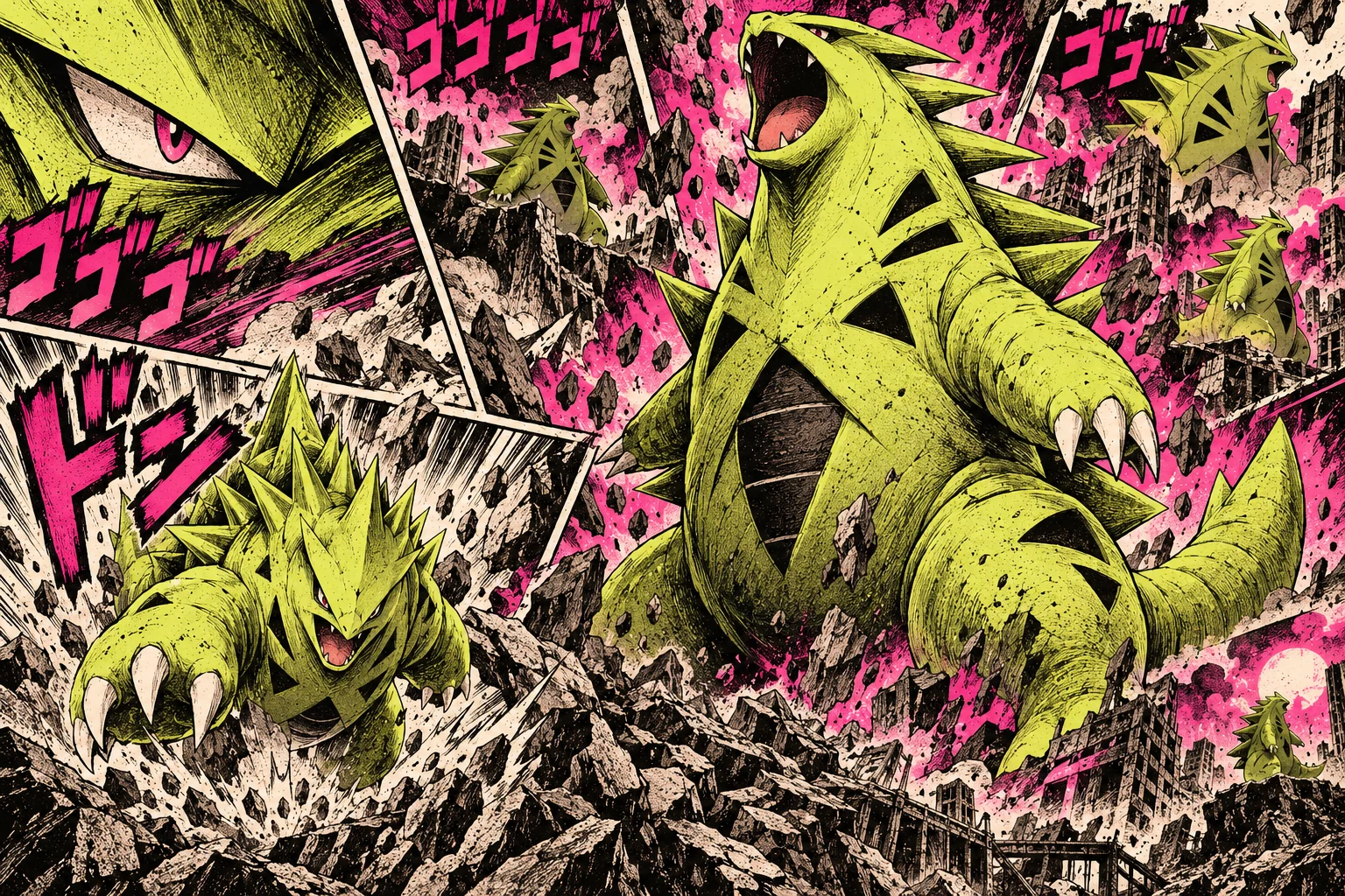 An explosive manga collage of Tyranitar roaring and charging through rubble, drawn in black ink, acid yellow, and magenta